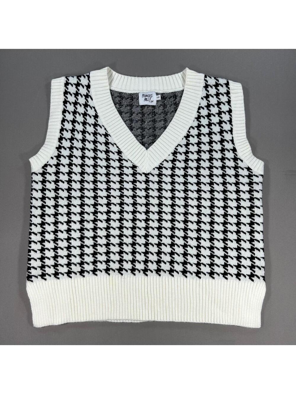 Princess Polly Black and White Crop Sweater Vest Preppy Y2K Academia Womens S/M